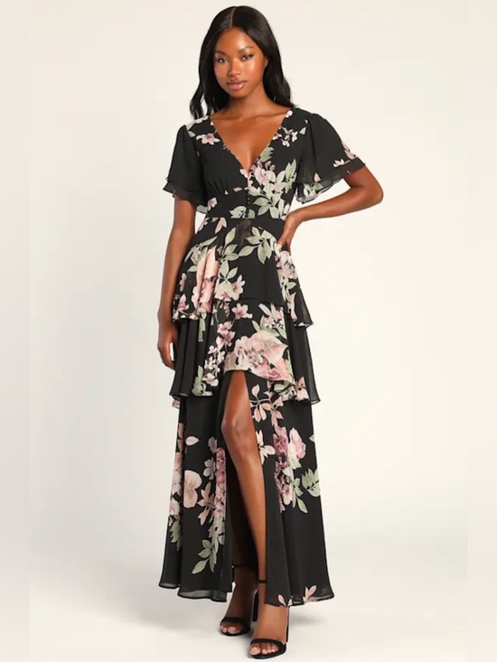 Lulus Dresses & Skirts - Lulu's Black Maxi Dress with Pink & Green Floral Print